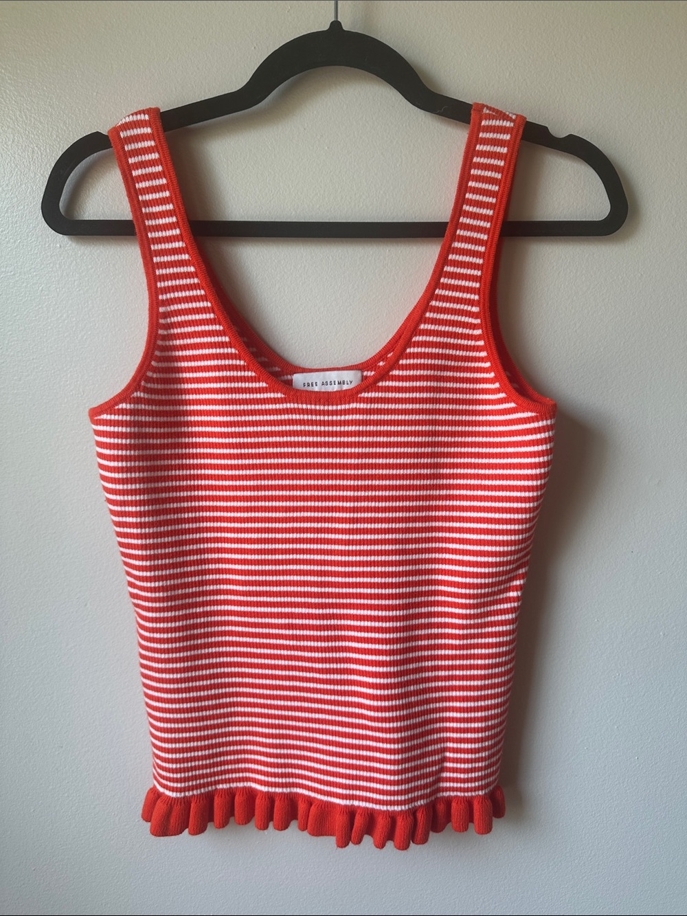 Free Assembly Coral Red & White Striped Ruffle Hem Knit Tank Top - Size M